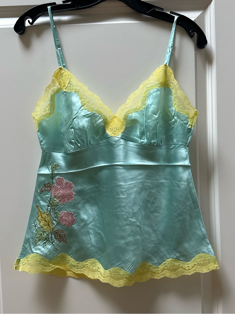 Gold Hawk 100% Silk Aqua Blue Camisole with Yellow Lace & Floral Embroidery
